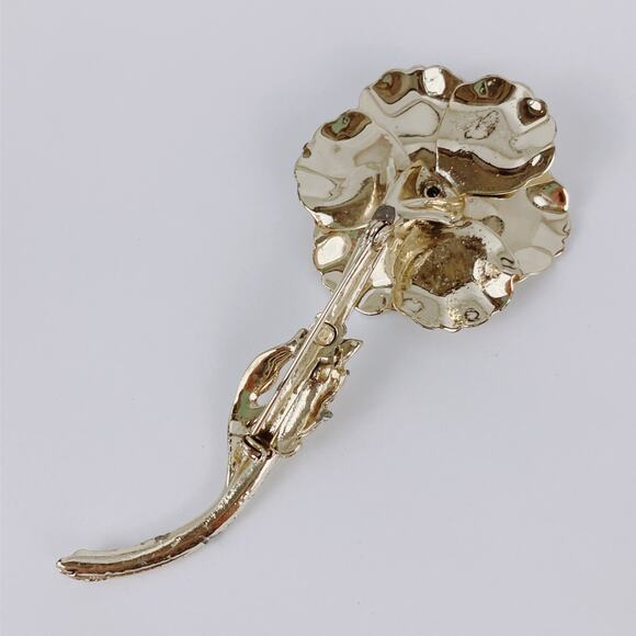 Vintage 50s 60s Gold Tone Flower Brooch Aurora Borealis Rhinestone Large Pin - Picture 8 of 12